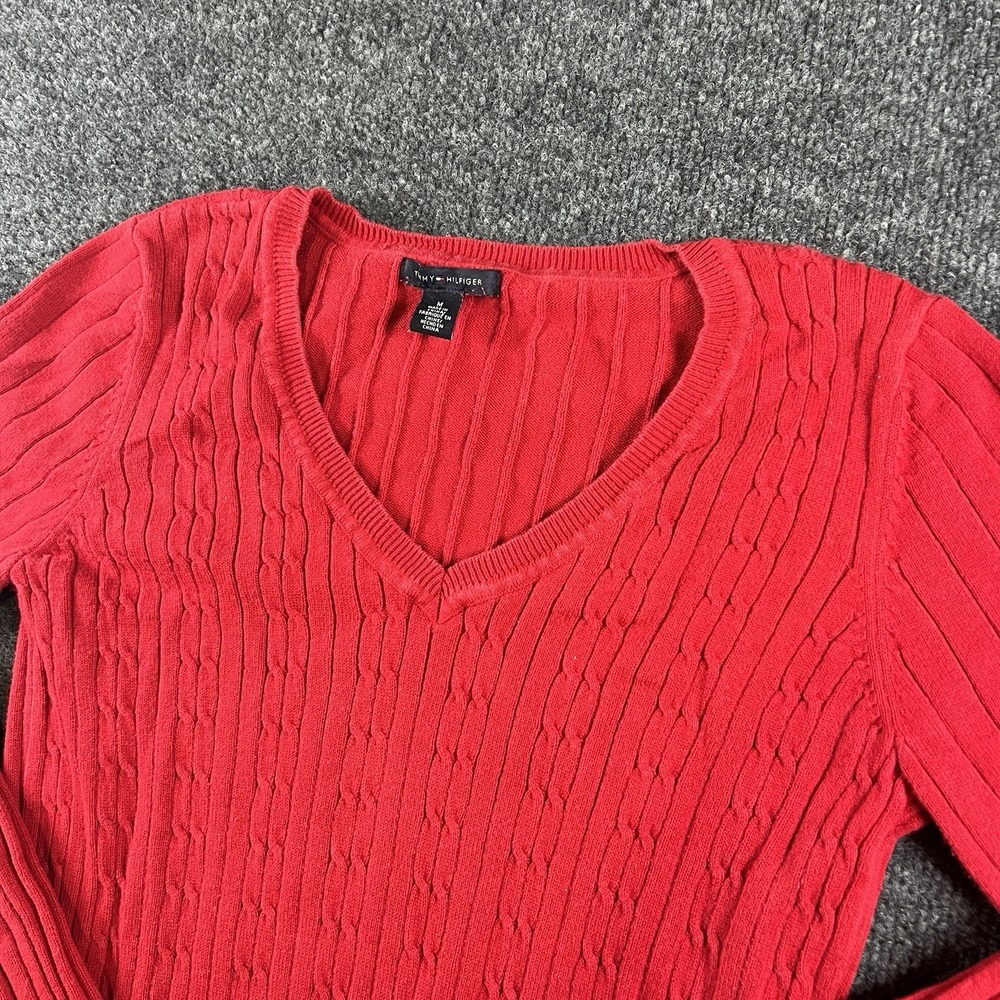 Tommy Hilfiger Sweater Womens M Red V Neck Cable Knit Ribbed Fitted Lightweight